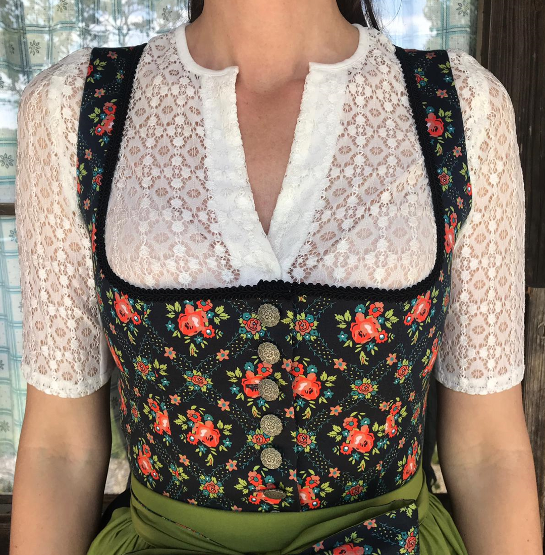 retro Dirndl Frühling Blumen auf schwarz