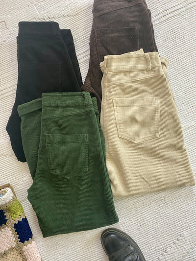 Four pairs of Cordhose retro 1990 pants and a pair of made in Italy shoes.