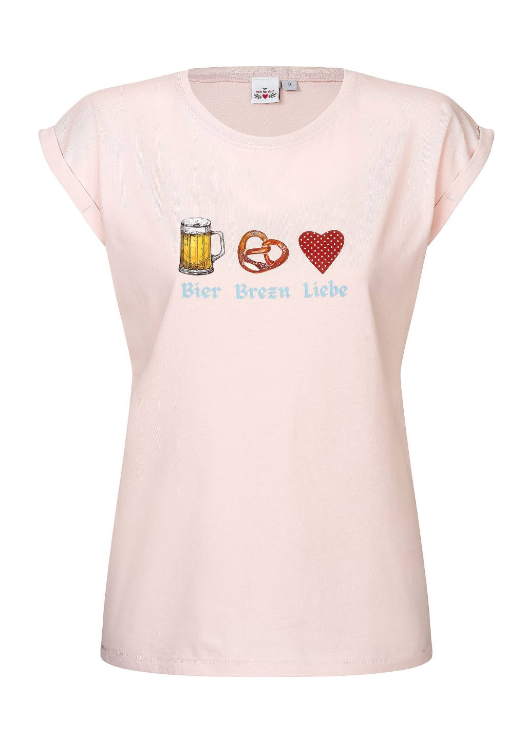 Rosa Damen Shirt mit bayrischen Motiv "Bier-Brezn-Liebe".
