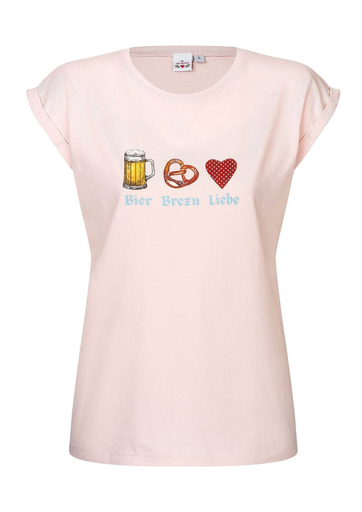 Rosa Damen Shirt mit bayrischen Motiv "Bier-Brezn-Liebe".