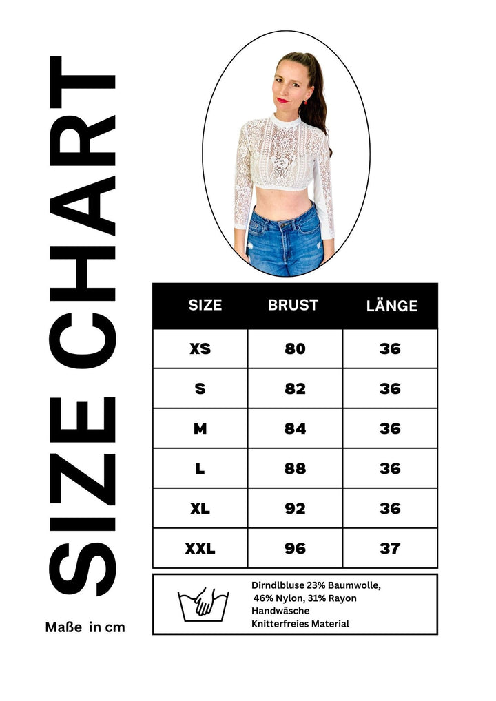 Size Chart Maßtabelle Dirndlbluse herzblut Shop Niederbayern 