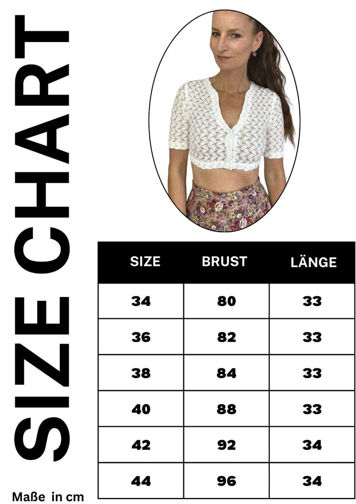 Size chart Dirndl bluse Senta V-Ausschnitt herzblut