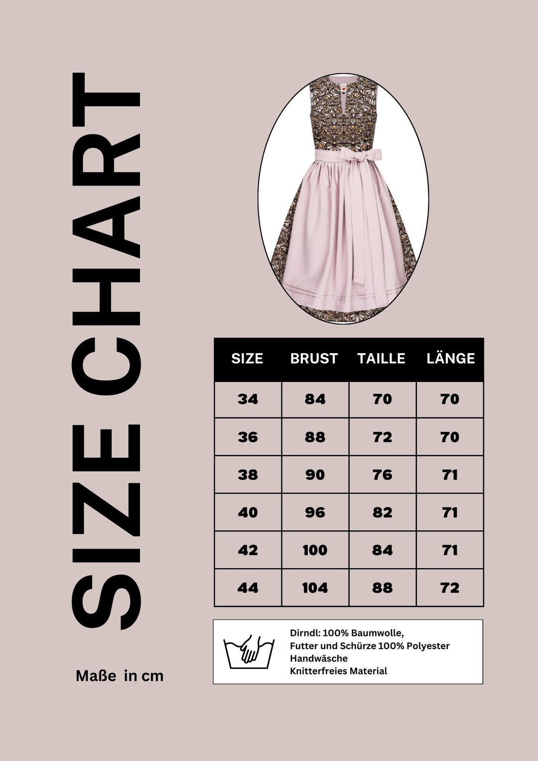 Dirndl boho size chart Größentabelle