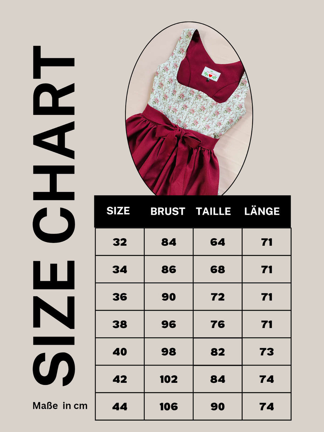 Maßtabelle für balconette Dirndl 