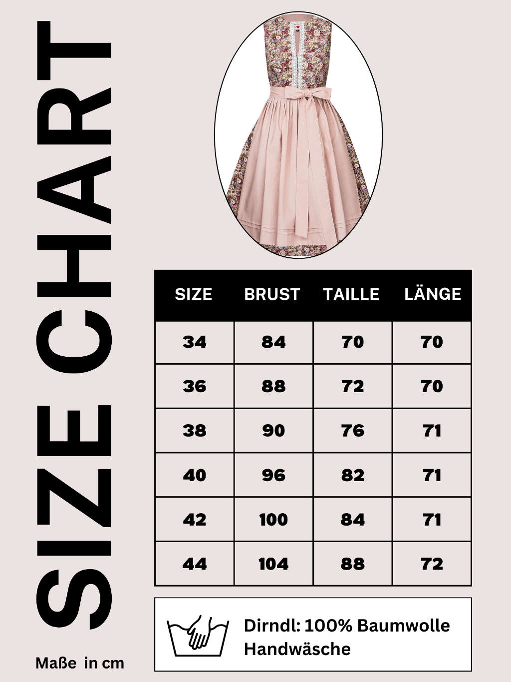 size chart Größentabelle für Dirndl mein herzblut Shop