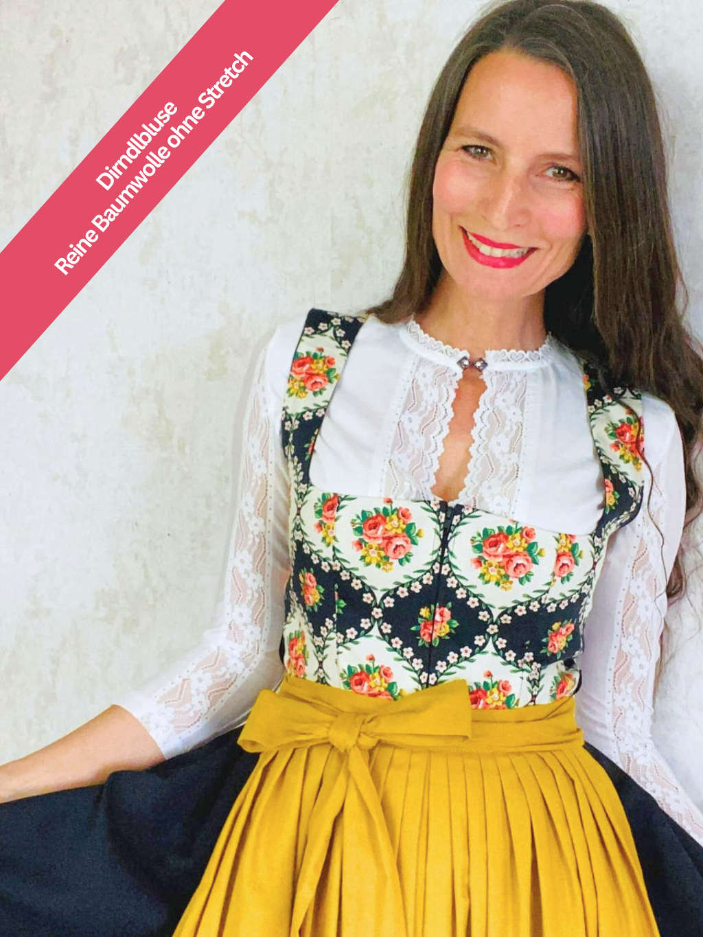 Dirndlbluse V-Ausschnitt langarm mit Spitze herzblut retro Shop