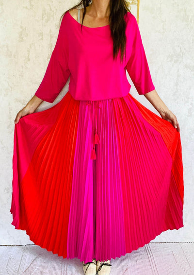 Maxi langer Pliseerock in pink orange herzblut Shop