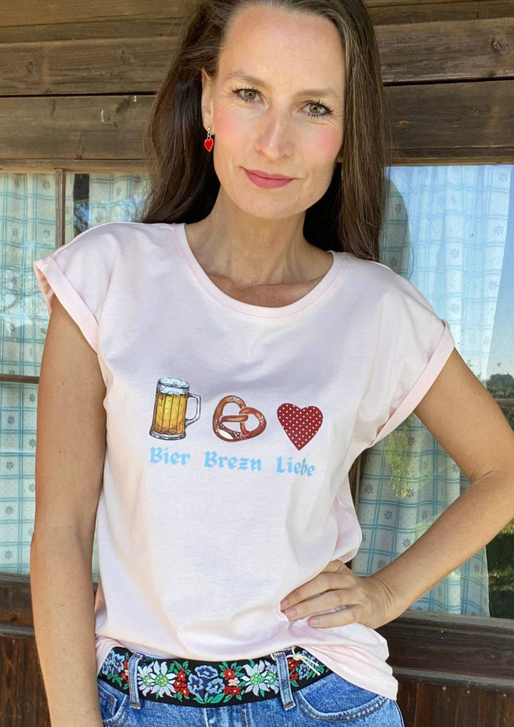 Damen Volksfest Shirt bayrische Motive Bier Brezel Liebe