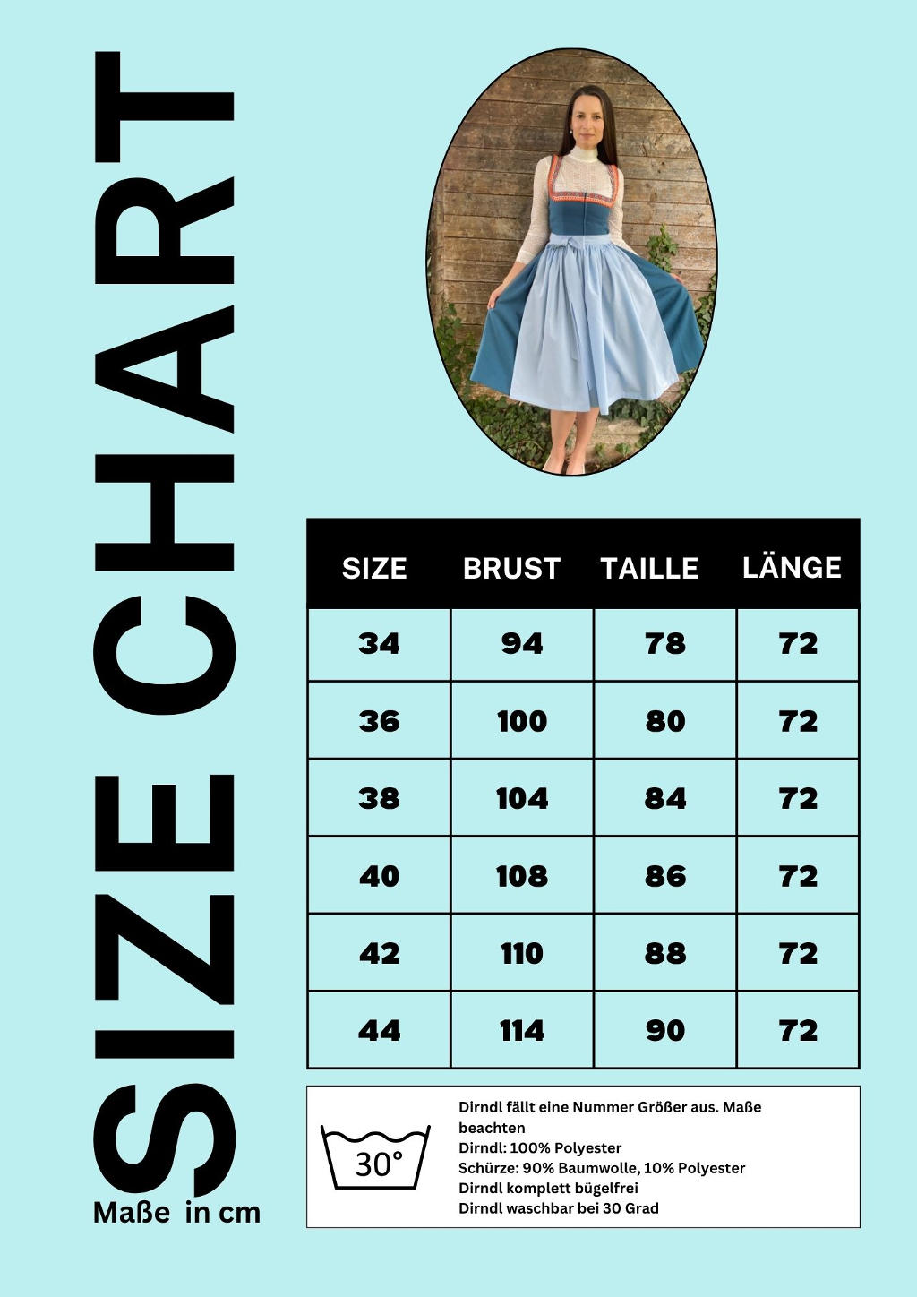 Dirndl Petrol grün Size Chart