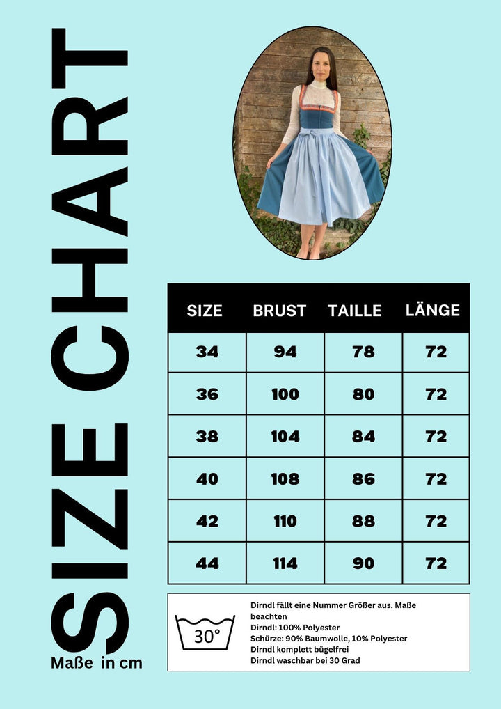Dirndl Petrol grün Size Chart