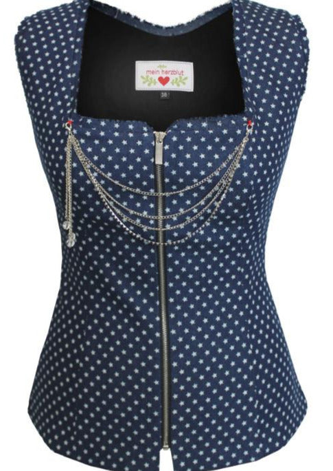 Jeans Mieder Korsage mit eckigem Ausschnitt und Kette. Zu verschliessen mit einem Reißverschluss.