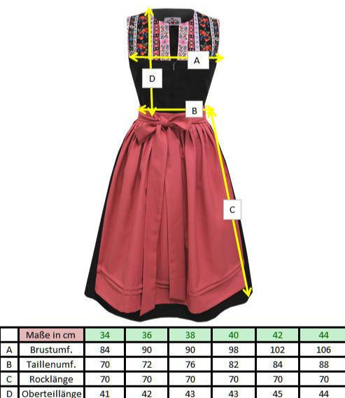 Maßtabelle Retro-Dirndl Iza von mein herzblut Shop 