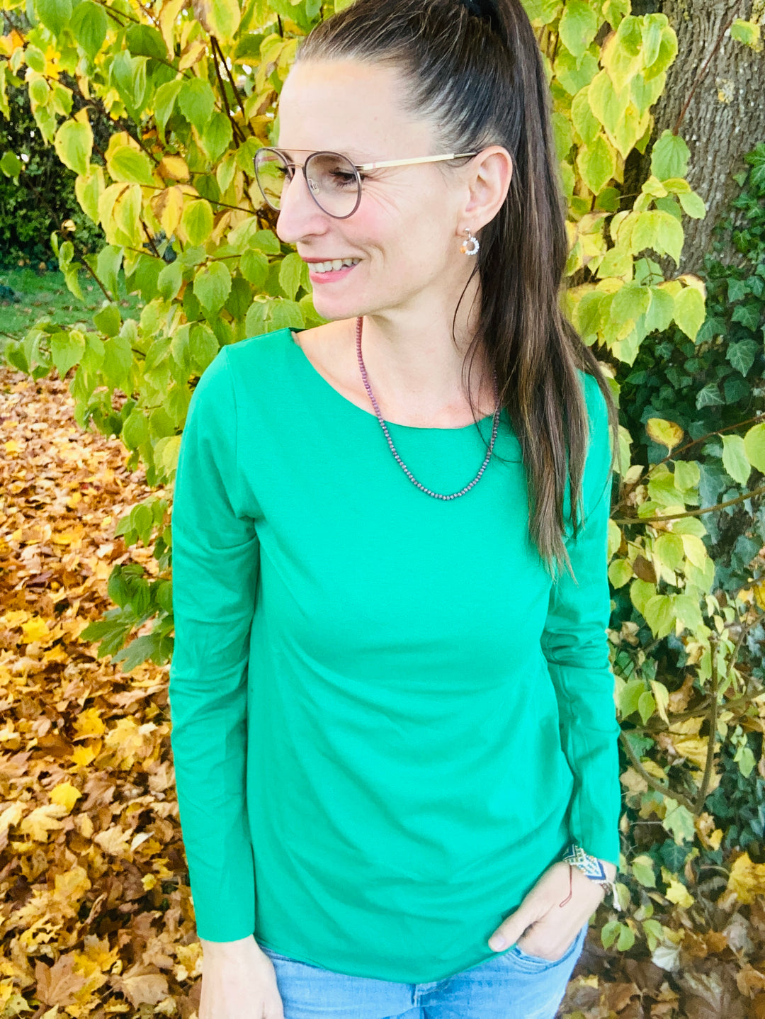 Pulli langarm für Damen aus Jersey in grün 