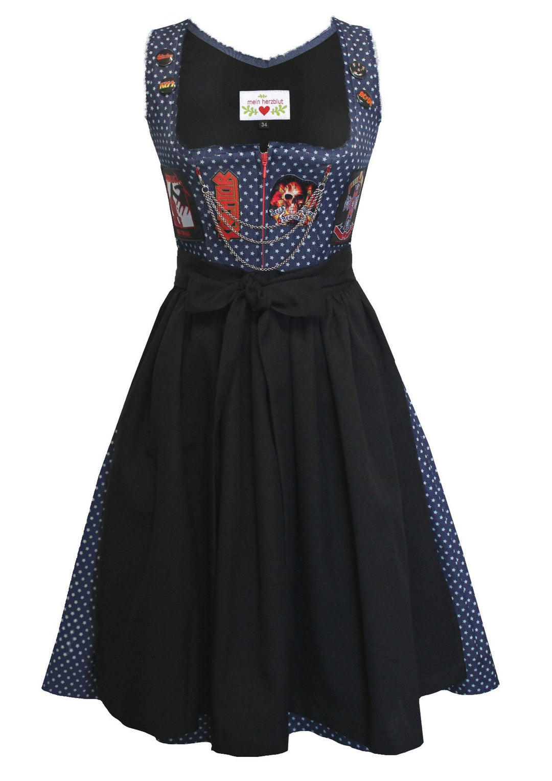 Jeans Dirndl mit kleinen bedruckten hellen Sternen. Das Dirndl Mieder wurde mit Band Patches verziert. Hier sieht man den kompetten Freisteller das Produktfoto. Die Schürze des Dirndls ist schwarz. 