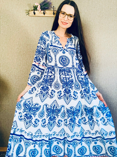 Viskose Kleid für Damen im retro Ravenna Hippie look Farbe blau 