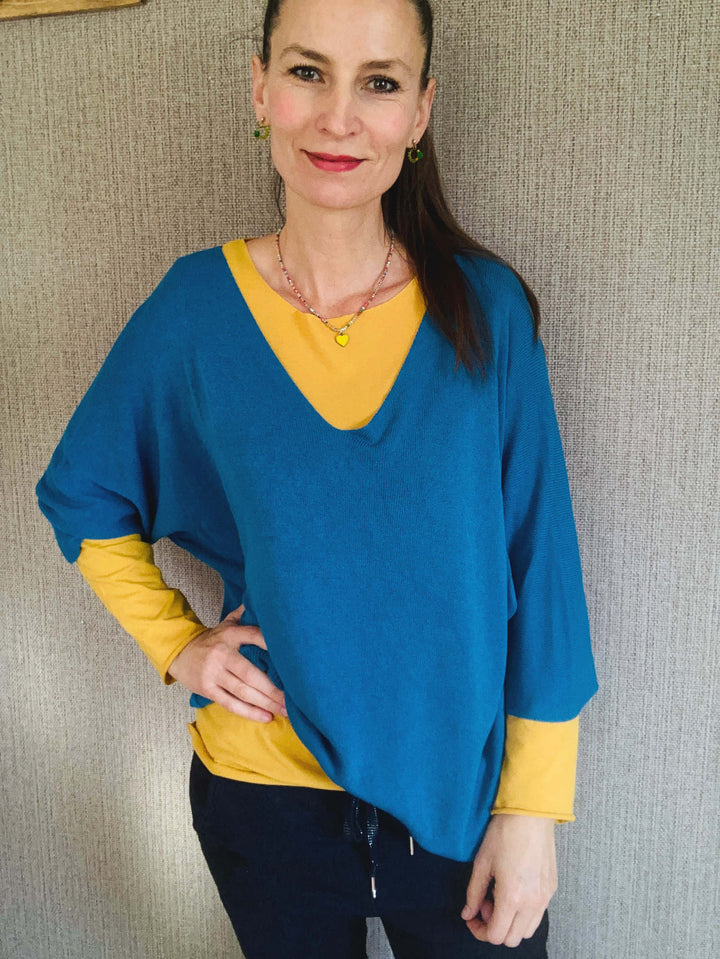 Weiter Strickpulli in blau mit gelb mein herzblut 
