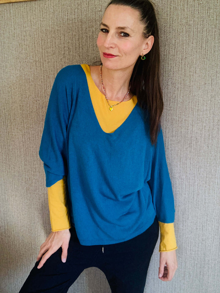 Weiter Pulli in blau mit gelb mein herzblut 