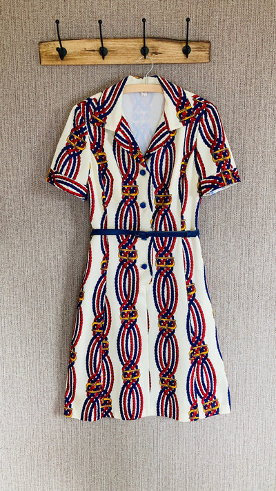 70er Jahre original Vintage Kleid beige gemustert mit blau und gelb. Kragenkleid von mein herzblut retro Niederbayern.