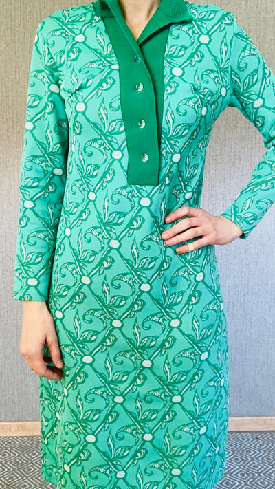 vintage 70er Jahre Kleid jaquard in grün mit Blätter muster